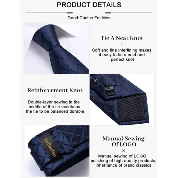 🆕Men Blue Plaid Silk Checkered Necktie and Pocket Square Cufflinks Tie Clip Set - Picture 5 of 6